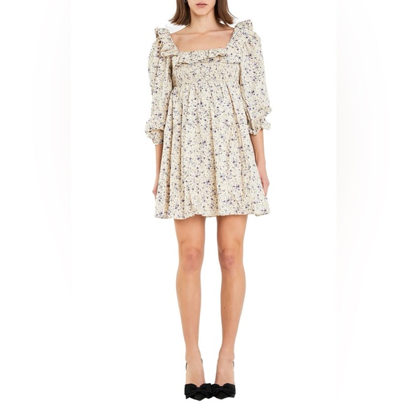 English Factory Square Neck Minidress | Cotton Floral Ruffle Baby Doll Dress - Picture 3 of 4